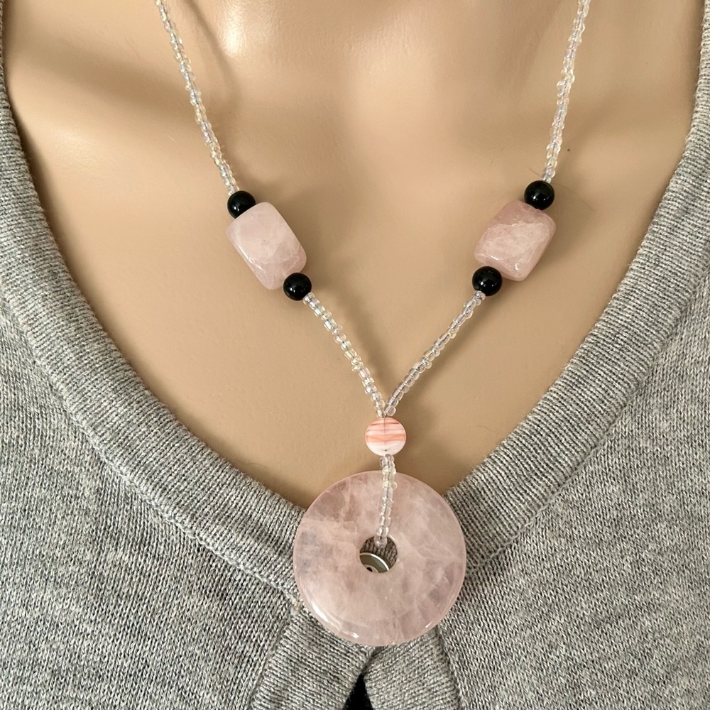 Genuine Rose quartz and glass seed bead Necklace; pale pink and black